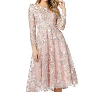 NWT Mac Duggal [6] 70229 Women's Long Sleeve Pink Dress Bateau Neck Floral Midi